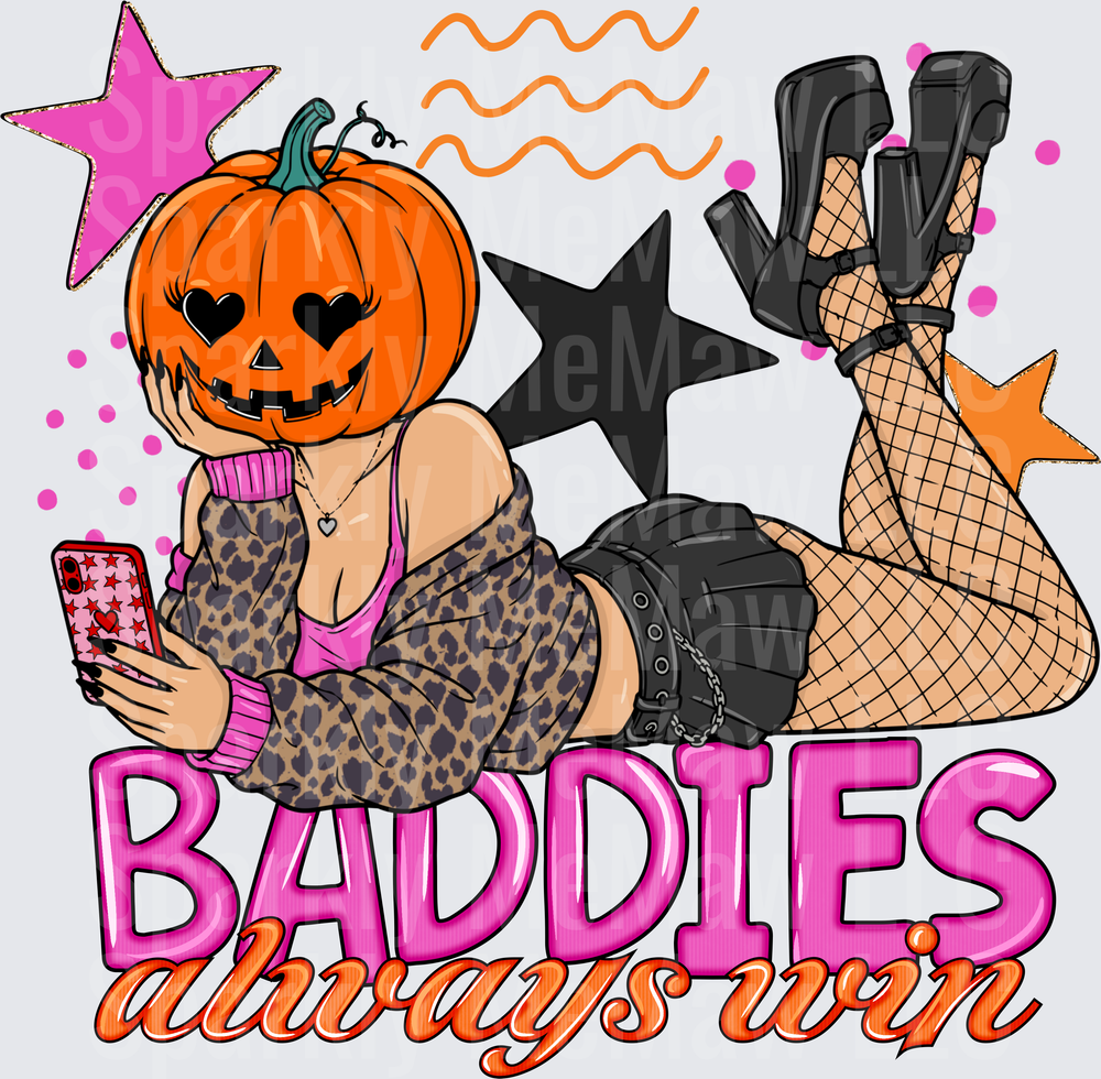 UV DTF Decal Halloween Pumpkin Head Baddie Baddies Always Win Leopard Cardigan Fishnet Stockings