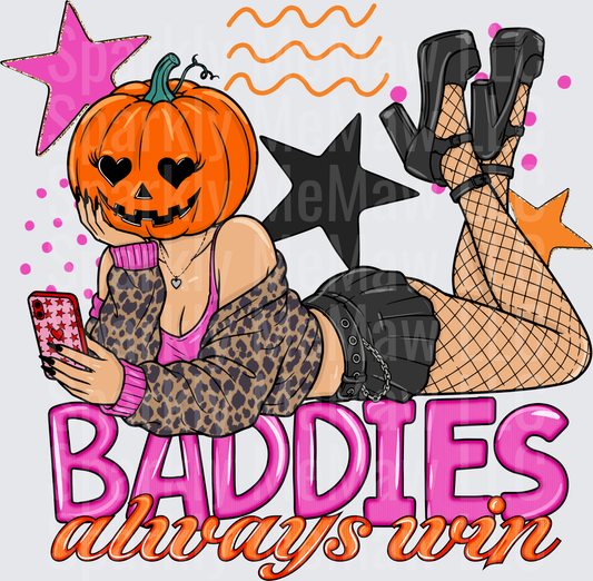 UV DTF Decal Halloween Pumpkin Head Baddie Baddies Always Win Leopard Cardigan Fishnet Stockings