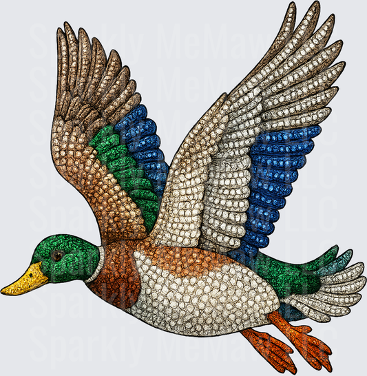 Glittery Rhinestone Mallard Duck in Flight UV DTF Decal