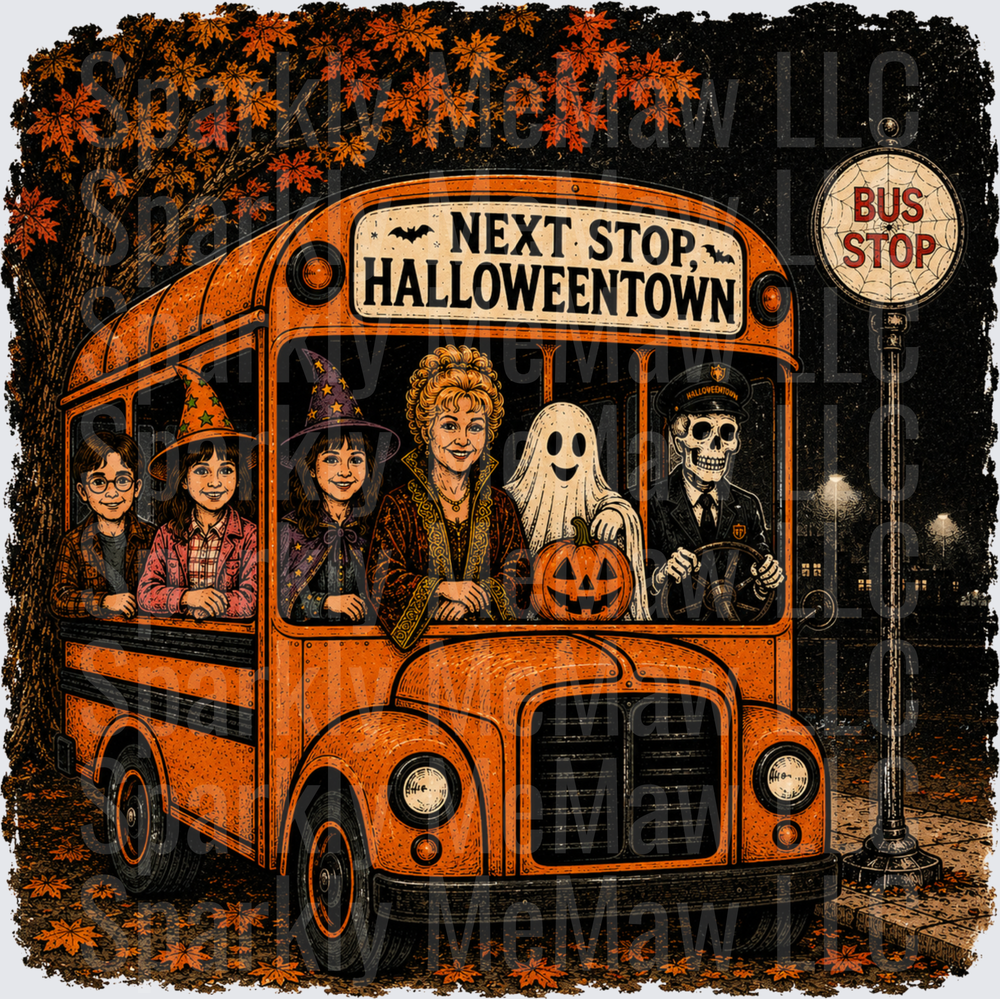 Next Stop Halloweentown Bus this is a UV DTF Decal