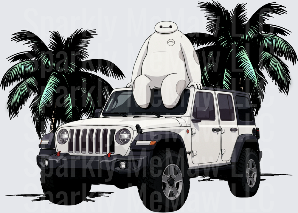 Baymax Sitting on White Jeep Wrangler with Palm Trees - UV DTF Decal