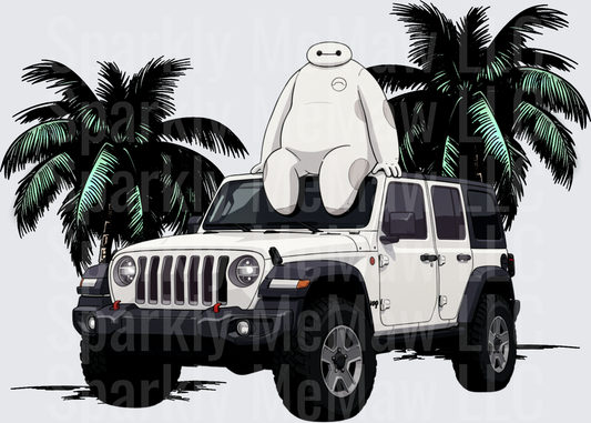 Baymax Sitting on White Jeep Wrangler with Palm Trees - UV DTF Decal