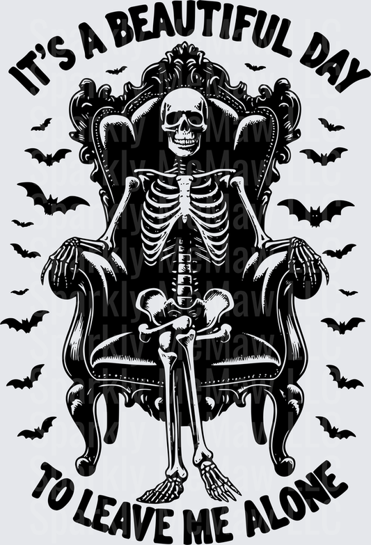 Skeleton in Victorian Chair with Bats It's A Beautiful Day To Leave Me Alone UV DTF Decal