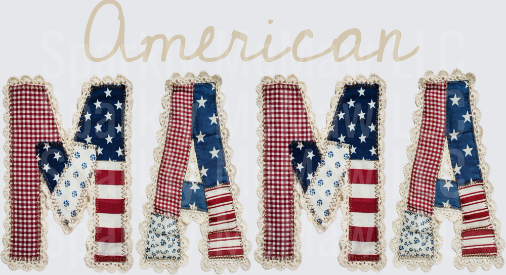 American NANA Patriotic Patchwork Letters with Stars and Gingham DTF Transfer for Fabric