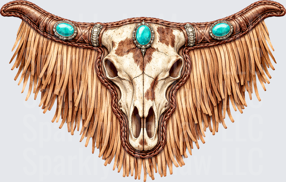 Western Boho Longhorn Bull Skull with Turquoise Gemstones Braided Leather and Fringe DTF Transfer for Fabric