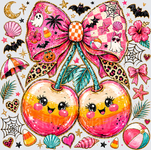 Retro Kawaii Cherry Pair with Coquette Bow Halloween Summer Mashup DTF Transfer for Fabrics
