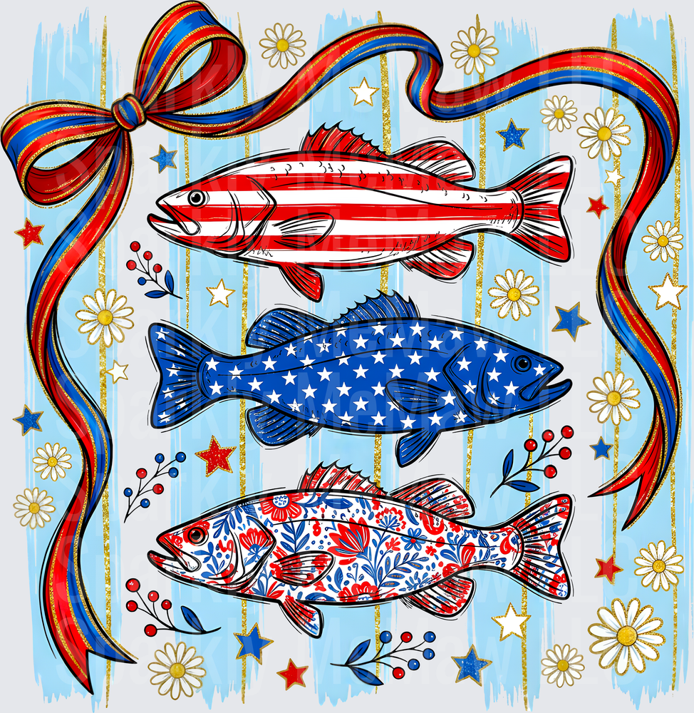 Patriotic Fish with Red White Blue Ribbon and Daisies UV DTF Decal
