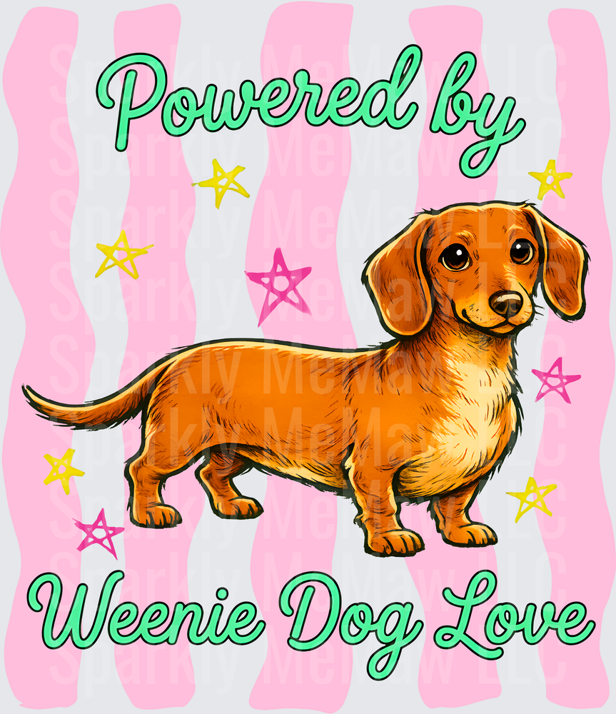 Powered by Weenie Dog Love Dachshund Pink Stripes Stars Design UV DTF Decal