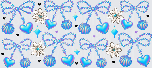 Blue Pearl Bow Hearts Shells Flowers Pattern UV DTF 16 oz Wrap