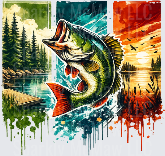Bass Jumping from Water with Watercolor Forest Lake Sunset Scene UV DTF Decal