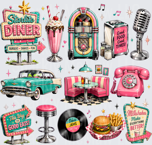 Retro 1950s Diner Bundle Starlite Milkshake Jukebox Classic Car Rockabilly Elements UV DTF 10x10 Element Sheet