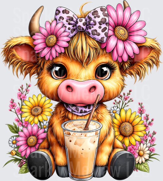 Cute Highland Cow Iced Coffee UV DTF Decal