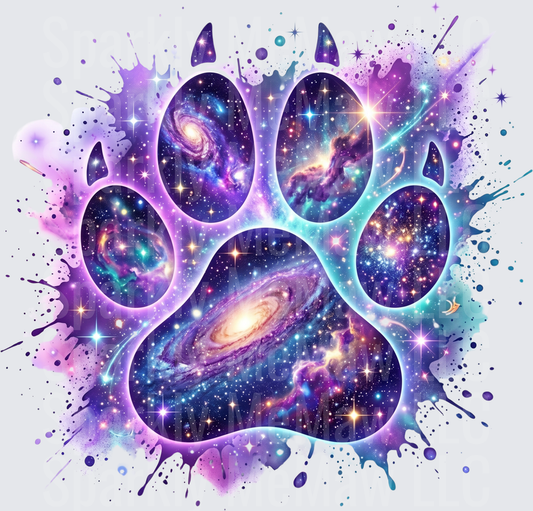 Cosmic Galaxy Paw Print with Nebula Stars and Space Splatter UV DTF Decal