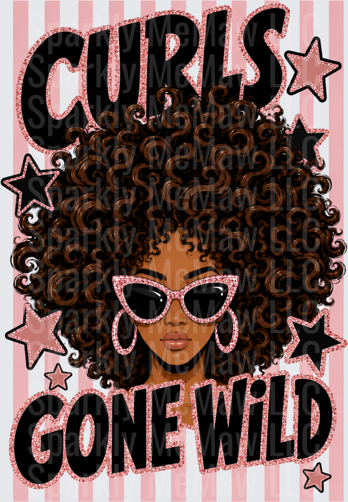 Curls Gone Wild Black Woman Natural Hair Pink Cat Eye Sunglasses Stars DTF Transfer for fabrics