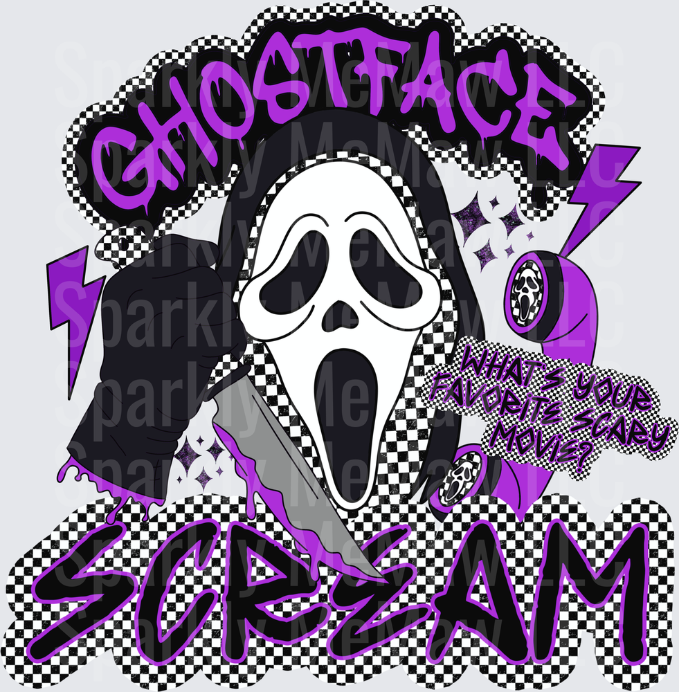 Ghostface Scream Movie Character Purple Lightning Checkered Pattern DTF Transfer for Fabric