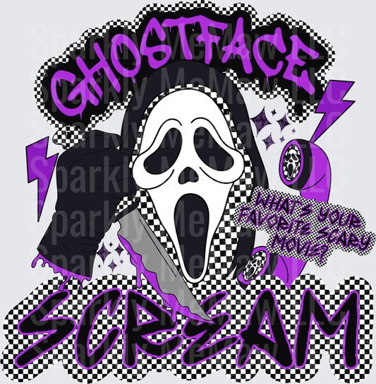 Ghostface Scream Movie Character Purple Lightning Checkered Pattern DTF Transfer for Fabric