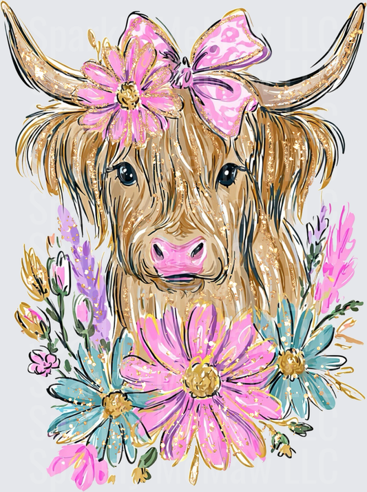 Highland Cow with Pink Bow and Floral Bouquet UV DTF Decal