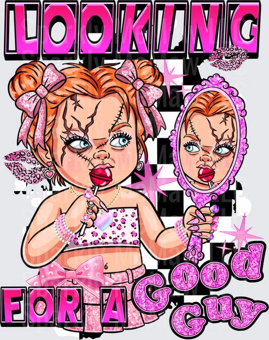 Chucky Doll Looking Good Guy Pink Horror Character DTF Transfer for Fabric