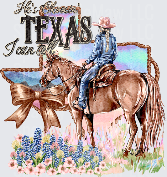 He's Choosin' Texas I Can Tell Cowboy Horse Bluebonnet UV DTF Decal