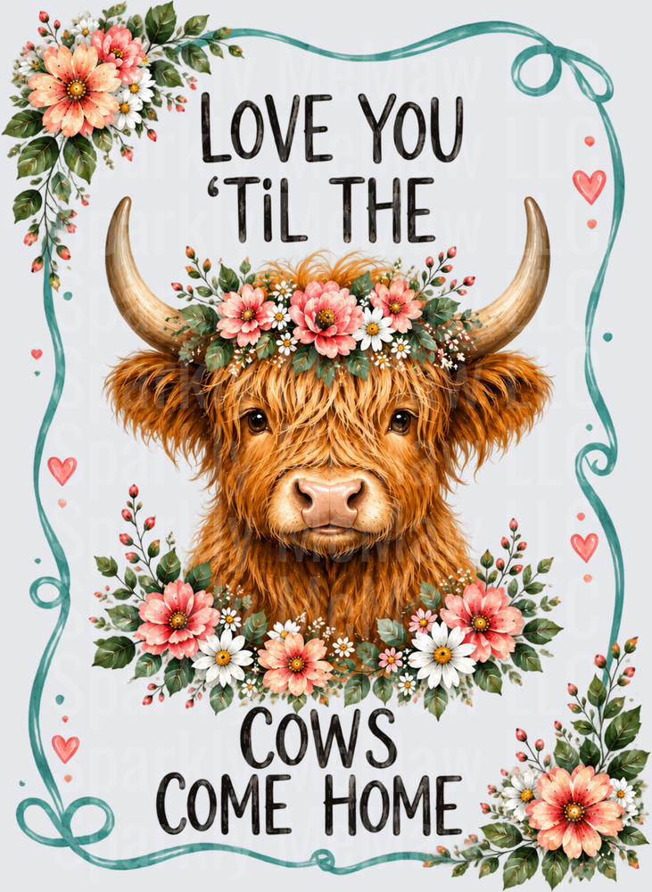 Floral Highland Cow Love Quote DTF Transfer for Fabrics