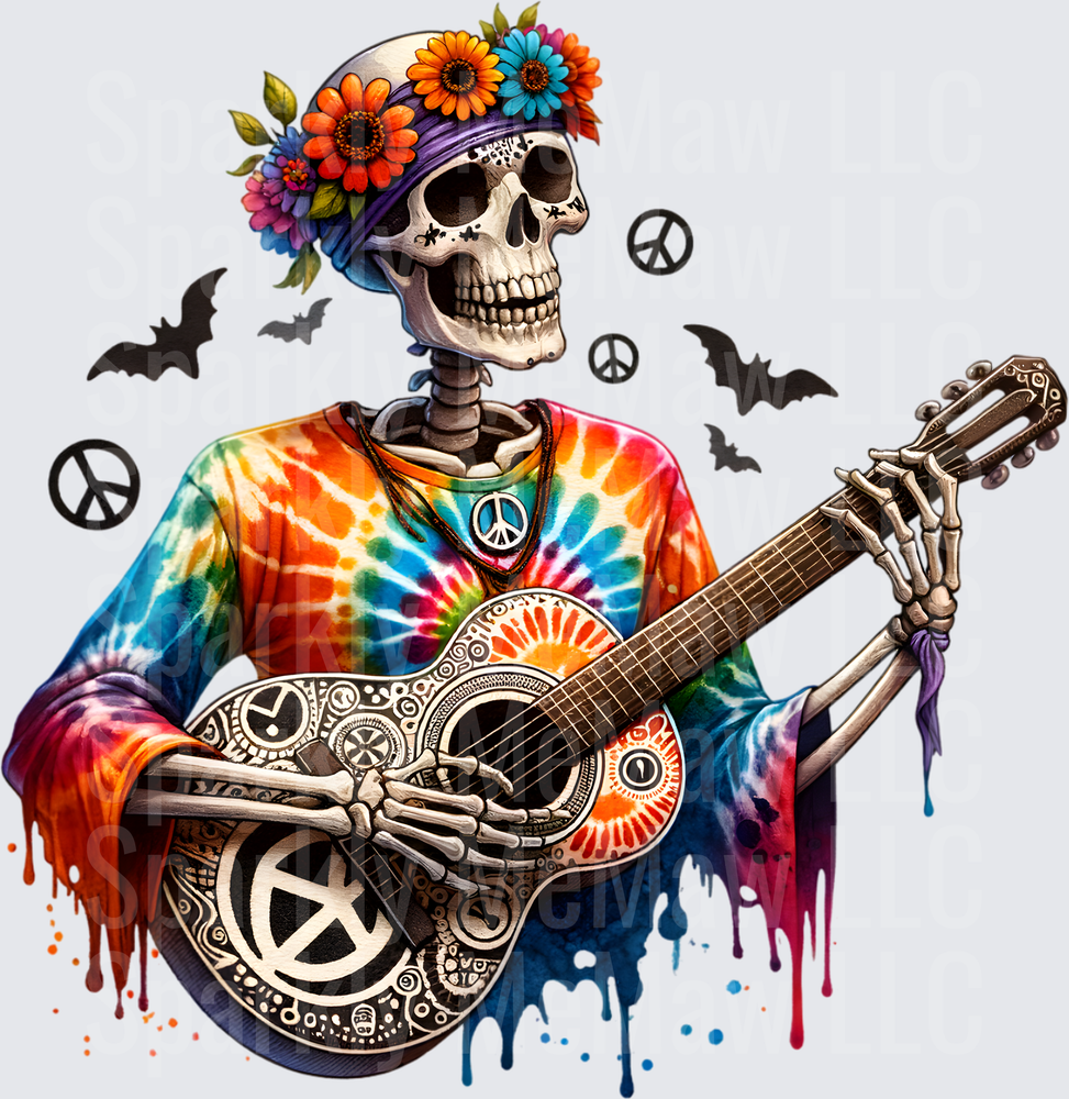 Hippie Skeleton Playing Guitar with Flower Crown and Peace Signs DTF Transfer for Fabric