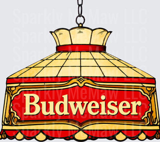 Budweiser Vintage Stained Glass Hanging Pool Table Light Illustration DTF Transfer for fabrics