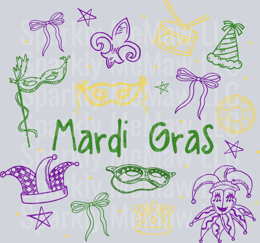 Mardi Gras Doodle UV DTF Element Sheet 10 inches
