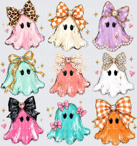 Coquette Halloween Ghost Squad with Bows Leopard Checkered Pearl Rhinestone UV DTF 10x10 element sheet