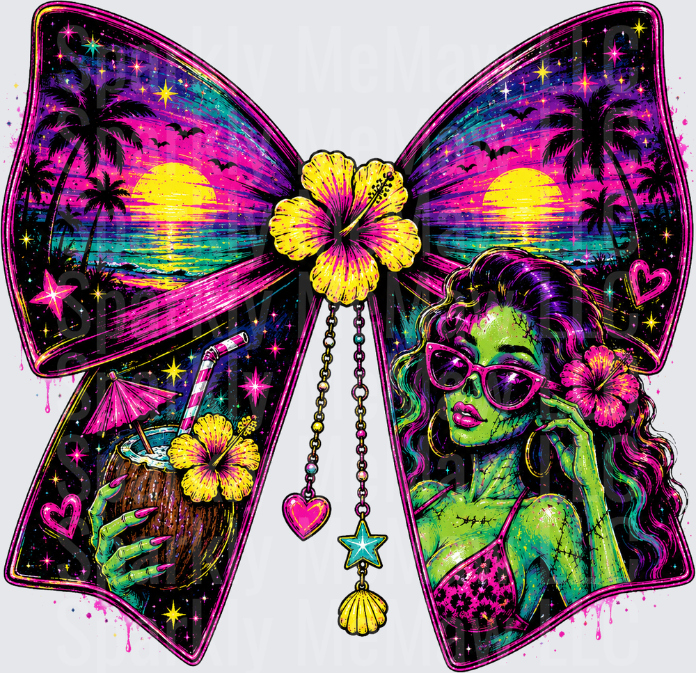 Tropical Zombie Pin-Up Girl Butterfly Wings with Hibiscus Flowers and Beach Sunset Scene UV DTF Decal