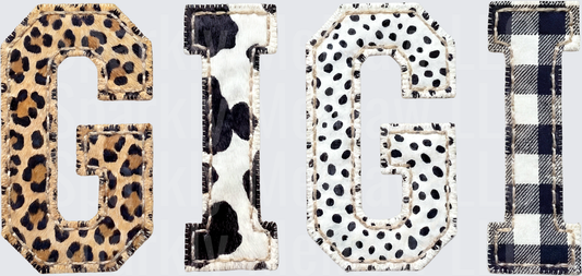 GIGI Letters in Leopard Print Cow Print Polka Dots Buffalo Plaid UV DTF Decal