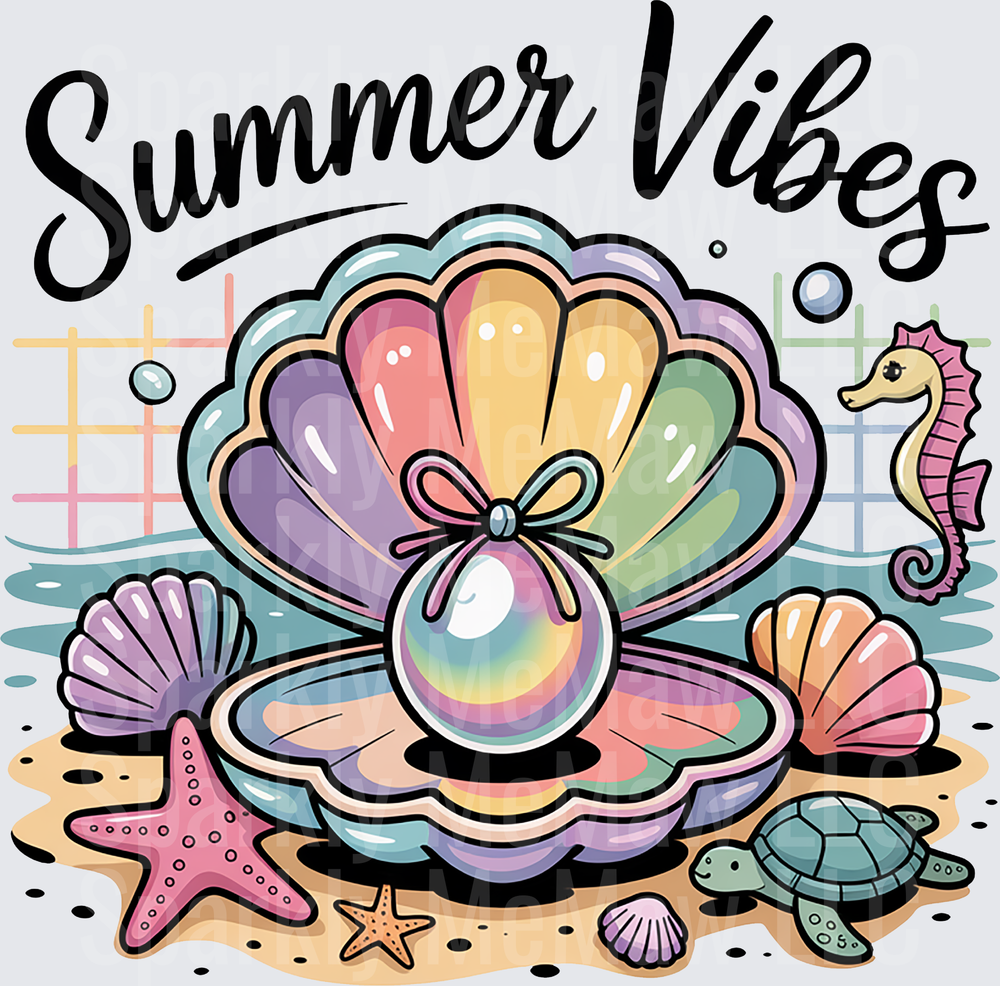 Summer Vibes Rainbow Pearl Shell with Sea Creatures UV DTF Decal