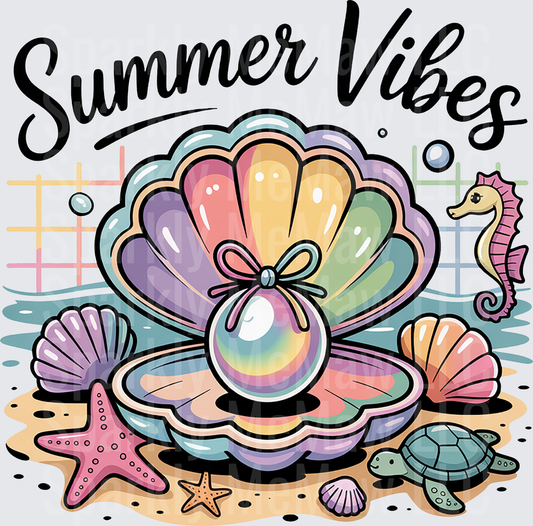 Summer Vibes Rainbow Pearl Shell with Sea Creatures UV DTF Decal