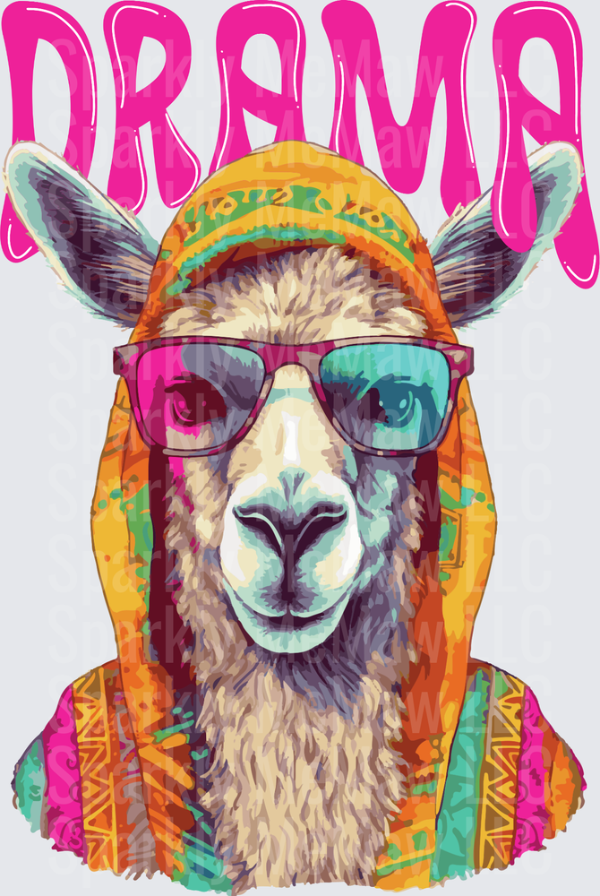 Cool Llama with Sunglasses and Colorful Hoodie Drama Text UV DTF Decal