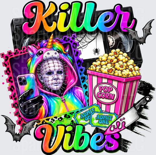 Killer Vibes Pinhead Hellraiser Rainbow Unicorn Onesie Selfie Horror Movie Night Popcorn VHS Halloween DTF Transfer for Fabrics
