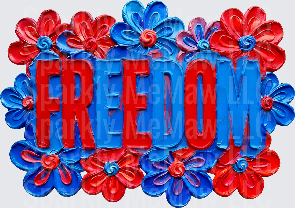 Freedom Text with Patriotic Red White Blue Floral Border UV DTF Decal