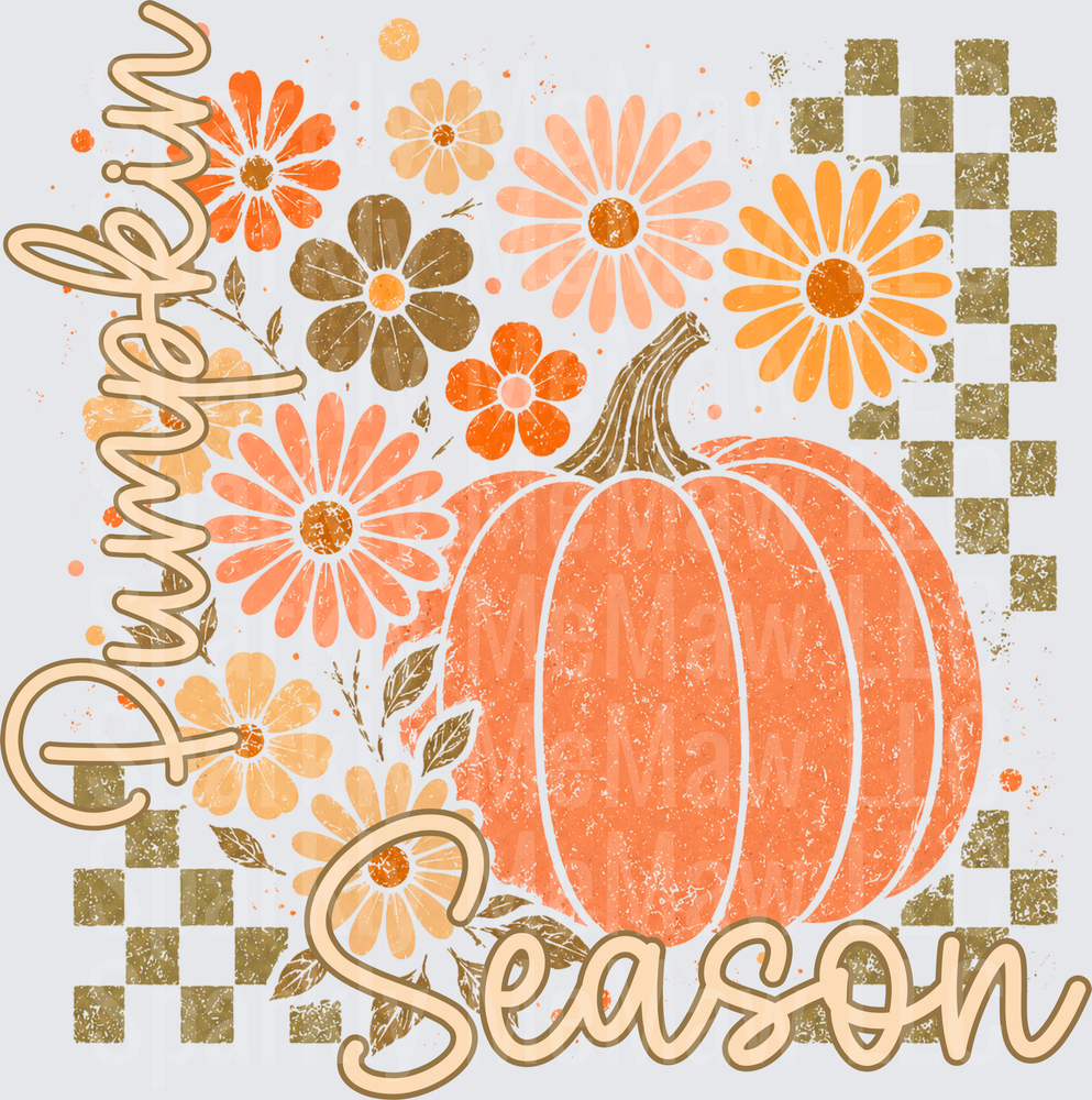 Pumpkin Season Fall Autumn Floral Design with Checkered Pattern DTF Transfer