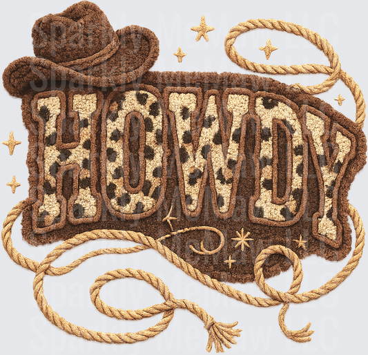 Howdy Chenille Patch Style Cowboy Hat Lasso Rope Leopard Print Western UV DTF Decal