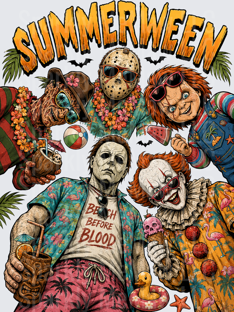Summerween Horror Movie Villains Beach Vacation - Jason Voorhees Michael Myers Chucky Freddy Krueger Pennywise in Tropical Hawaiian Shirts with Tiki Drinks DTF Transfer for Fabric