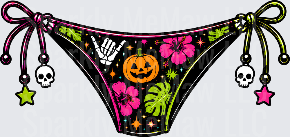 Halloween Tropical Bikini Bottom with Jack-o-Lantern Hibiscus Flowers and Skull Charms DTF Transfer for Fabric
