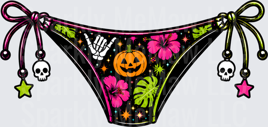 Halloween Tropical Bikini Bottom with Jack-o-Lantern Hibiscus Flowers and Skull Charms DTF Transfer for Fabric