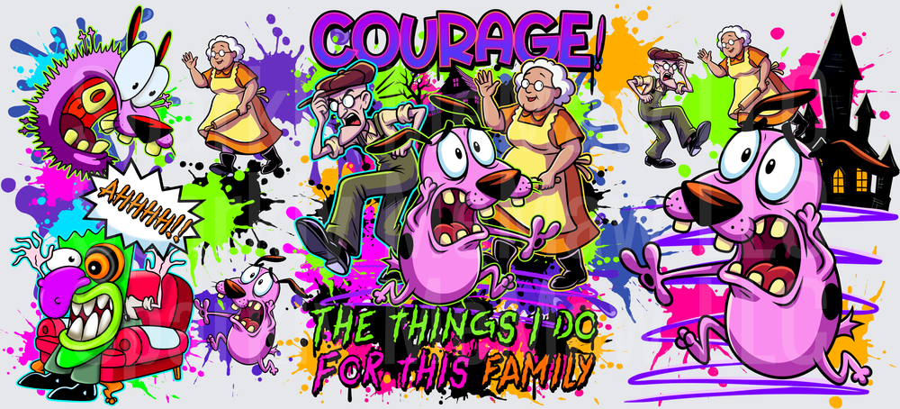 Courage The Cowardly Dog Collage is a UV DTF 16 OZ Wrap