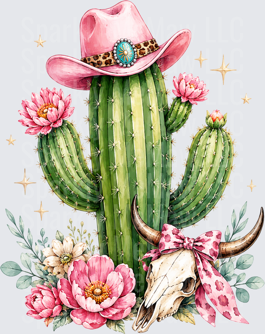 Western Cowgirl Cactus with Pink Hat and Cow Skull Floral Design DTF Transfer for Fabric
