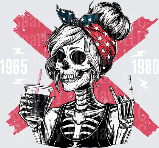 Sassy Skeleton Woman with Messy Bun and Patriotic Bandana Holding Coffee and Middle Finger DTF Transfer