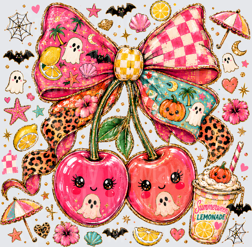 Summerween Lemonade Kawaii Cherries Bow Ghosts Bats Pumpkins Halloween Summer Mashup UV DTF Decal