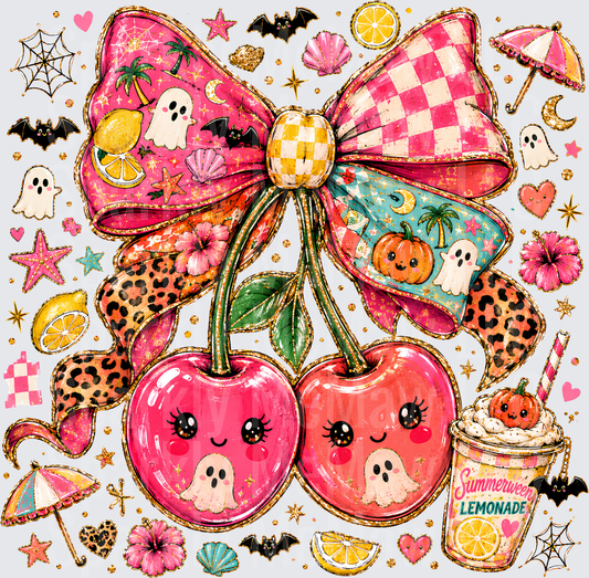 Summerween Lemonade Kawaii Cherries Bow Ghosts Bats Pumpkins Halloween Summer Mashup UV DTF Decal