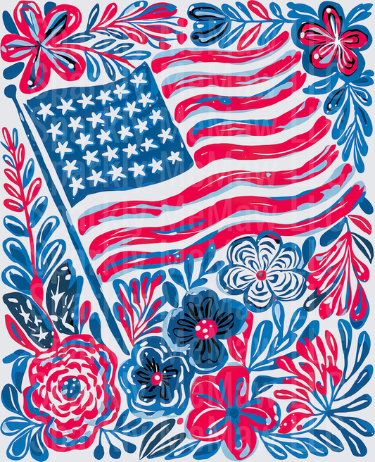 Patriotic American Flag with Red White Blue Floral Border UV DTF Decal