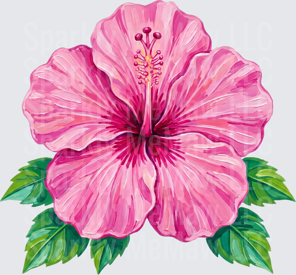 Pink Hibiscus Flower with Green Leaves UV DTF Decal