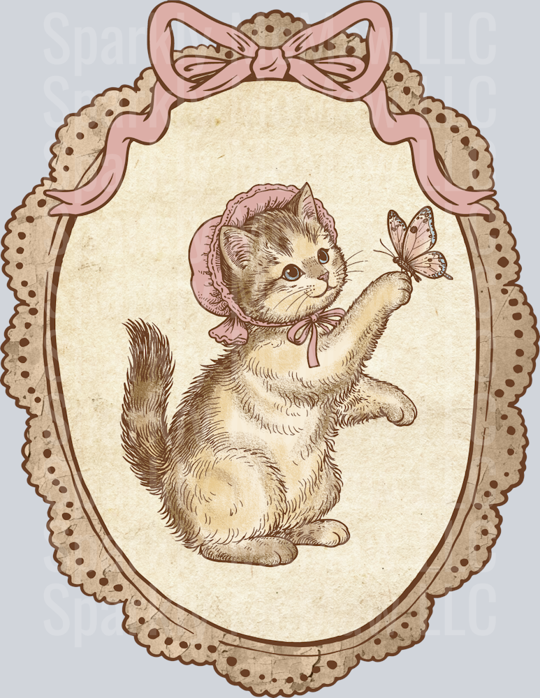 Vintage Farmhouse Kitten and Butterfly DTF Transfer