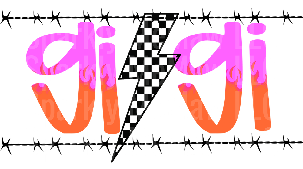 Gigi Pink and Orange Gradient Text with Checkered Lightning Bolt and Barbed Wire Border UV DTF Decal