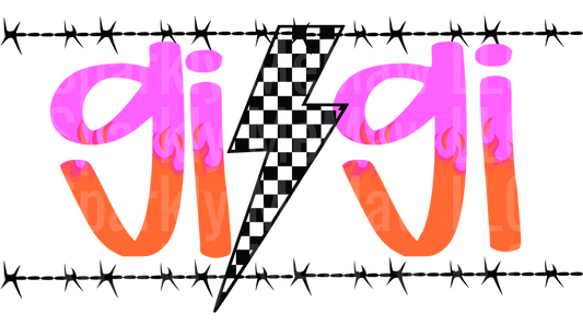 Gigi Pink and Orange Gradient Text with Checkered Lightning Bolt and Barbed Wire Border UV DTF Decal